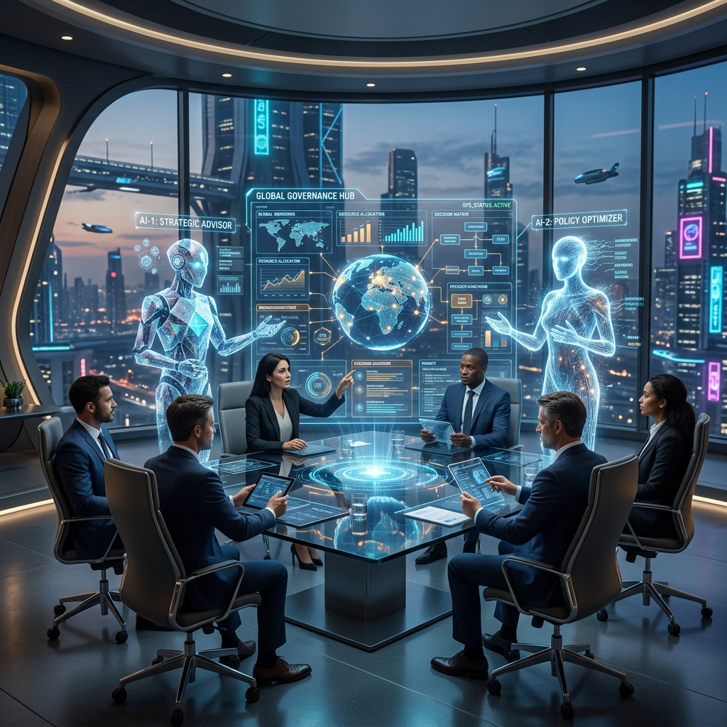 Business meeting with AI holograms displaying global governance data and analytics