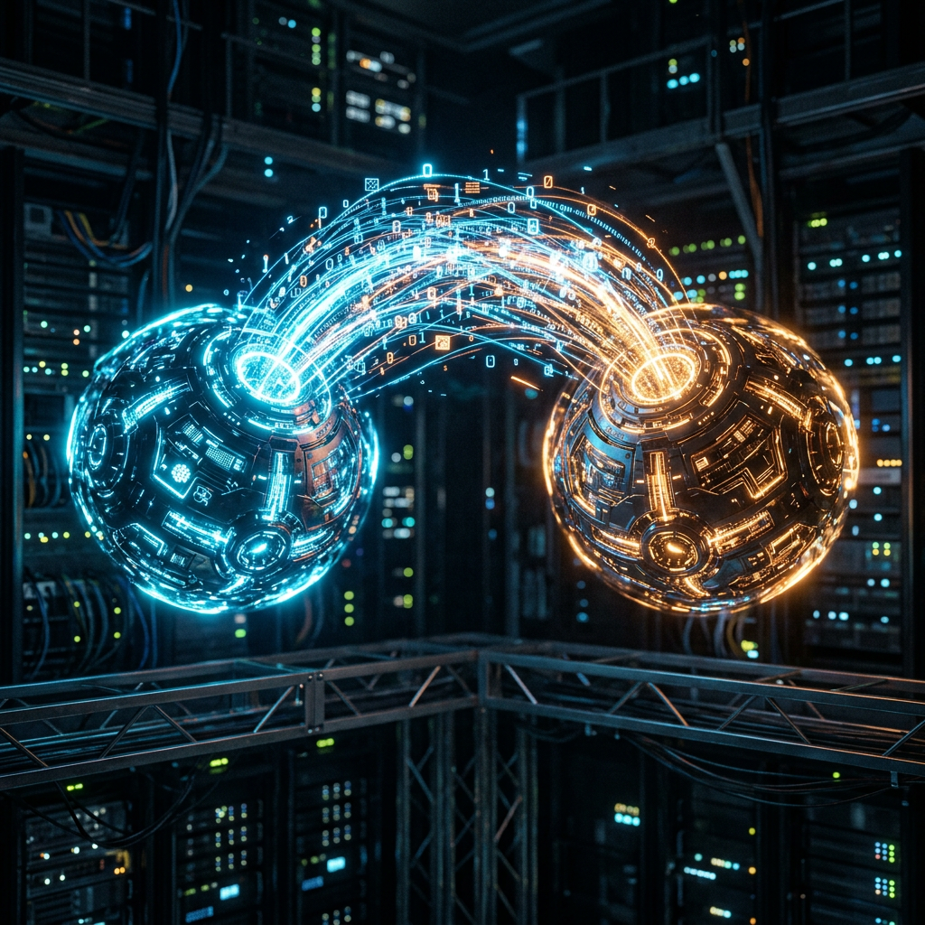 Two futuristic spheres connected by flowing digital streams of binary data inside a server room