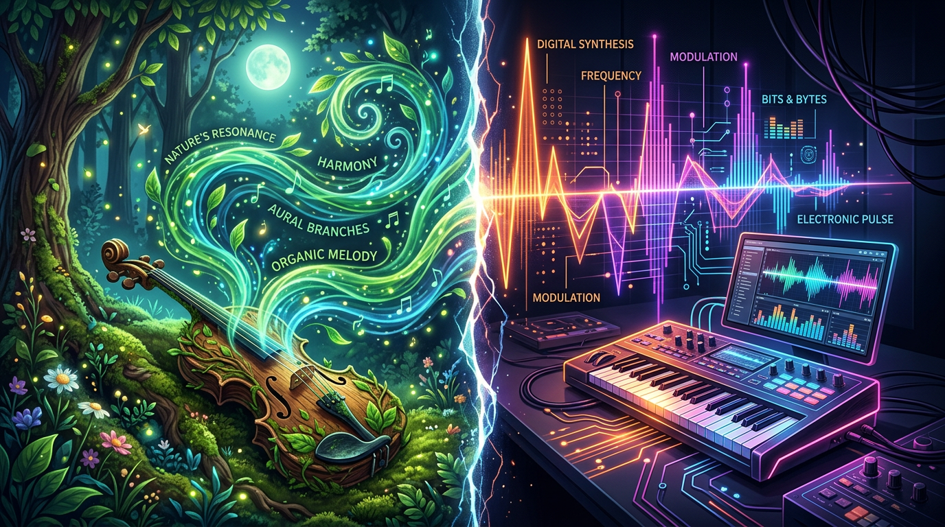 Violin intertwined with green leaves and musical notes next to a digital synthesizer producing colorful sound waves