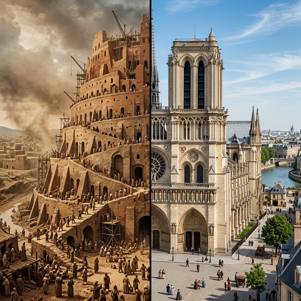Left half shows ancient tower under construction with workers and scaffolding; right half shows completed Gothic cathedral near river with people.