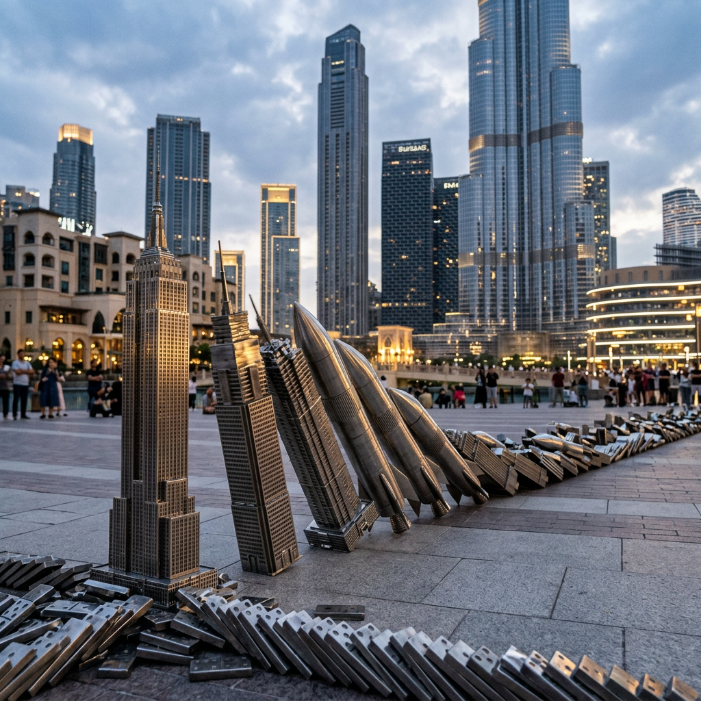 Miniature models of famous skyscrapers standing and leaning like falling dominoes in a city plaza with modern buildings in the background.