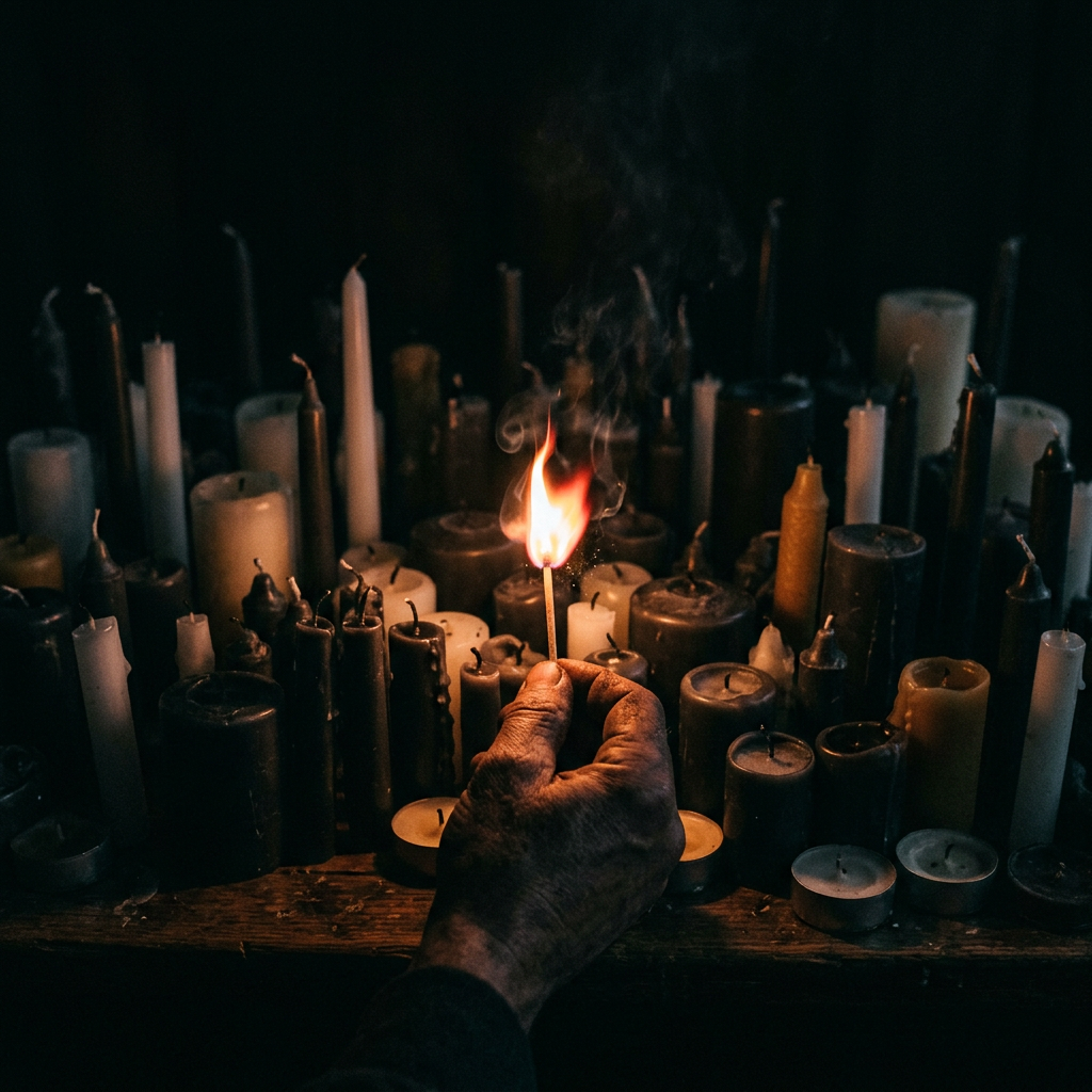 Hand holding a lit match near unlit candles on a wooden surface