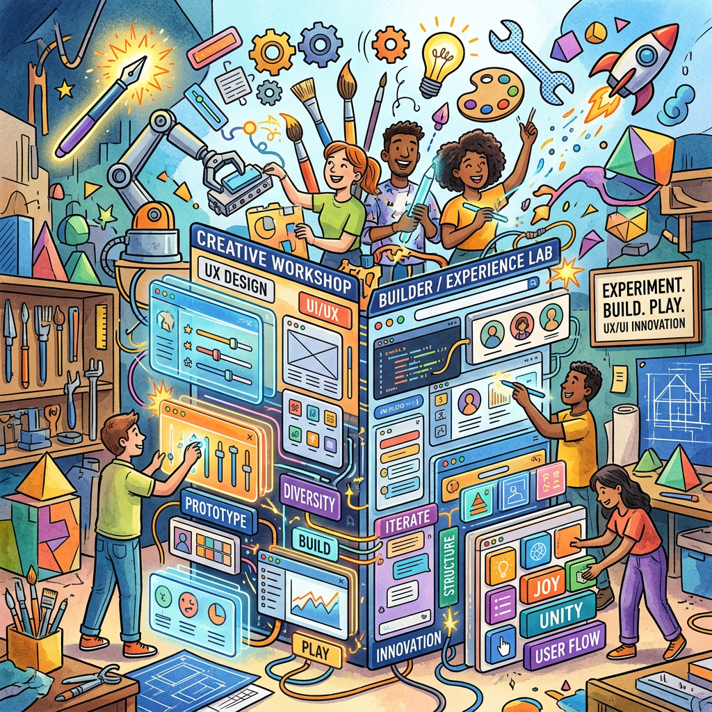 Illustration labeled Creative Workshop, UX Design, Builder/Experience Lab, Experiment Build Play, Prototype, Iterate, Diversity, Innovation, Joy, Unity, and User Flow, with diverse people creating designs and technology.