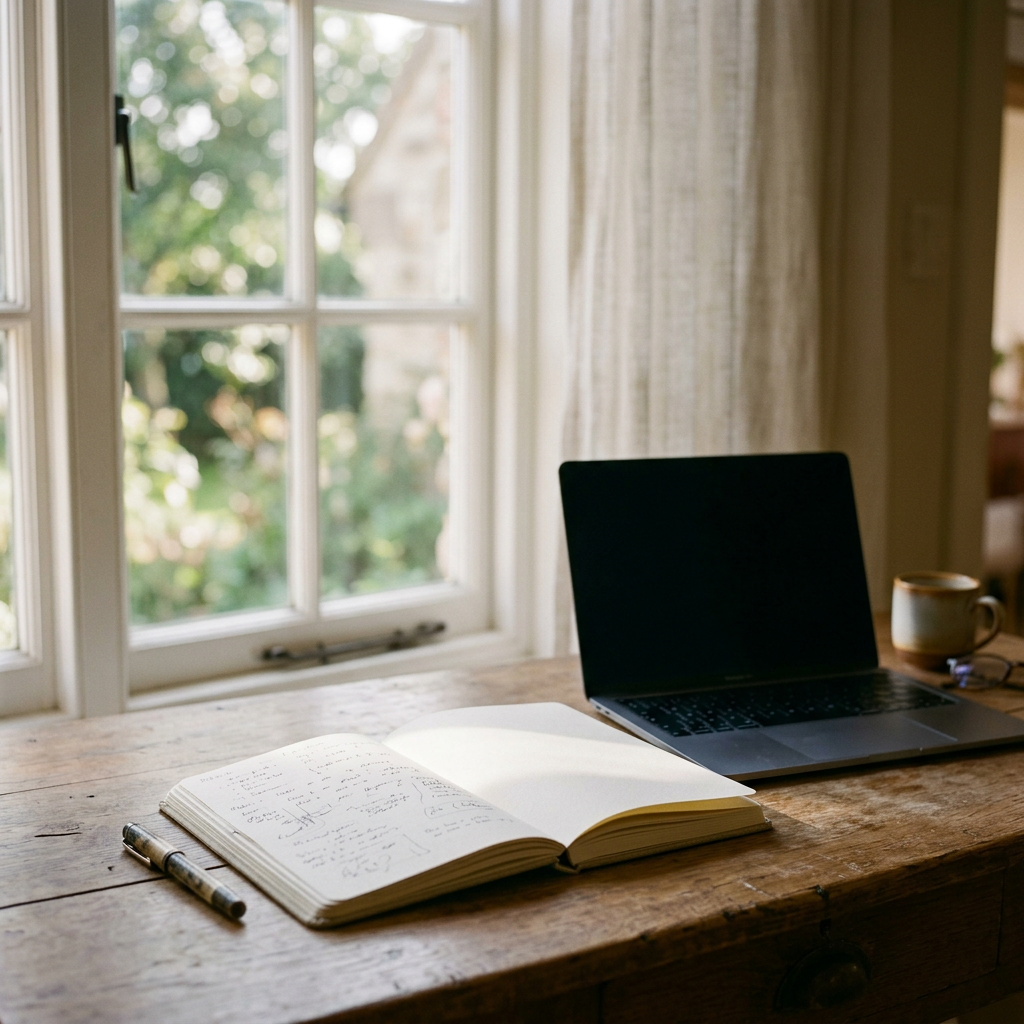 Open handwritten notebook, pen, and laptop on a wooden desk by a window