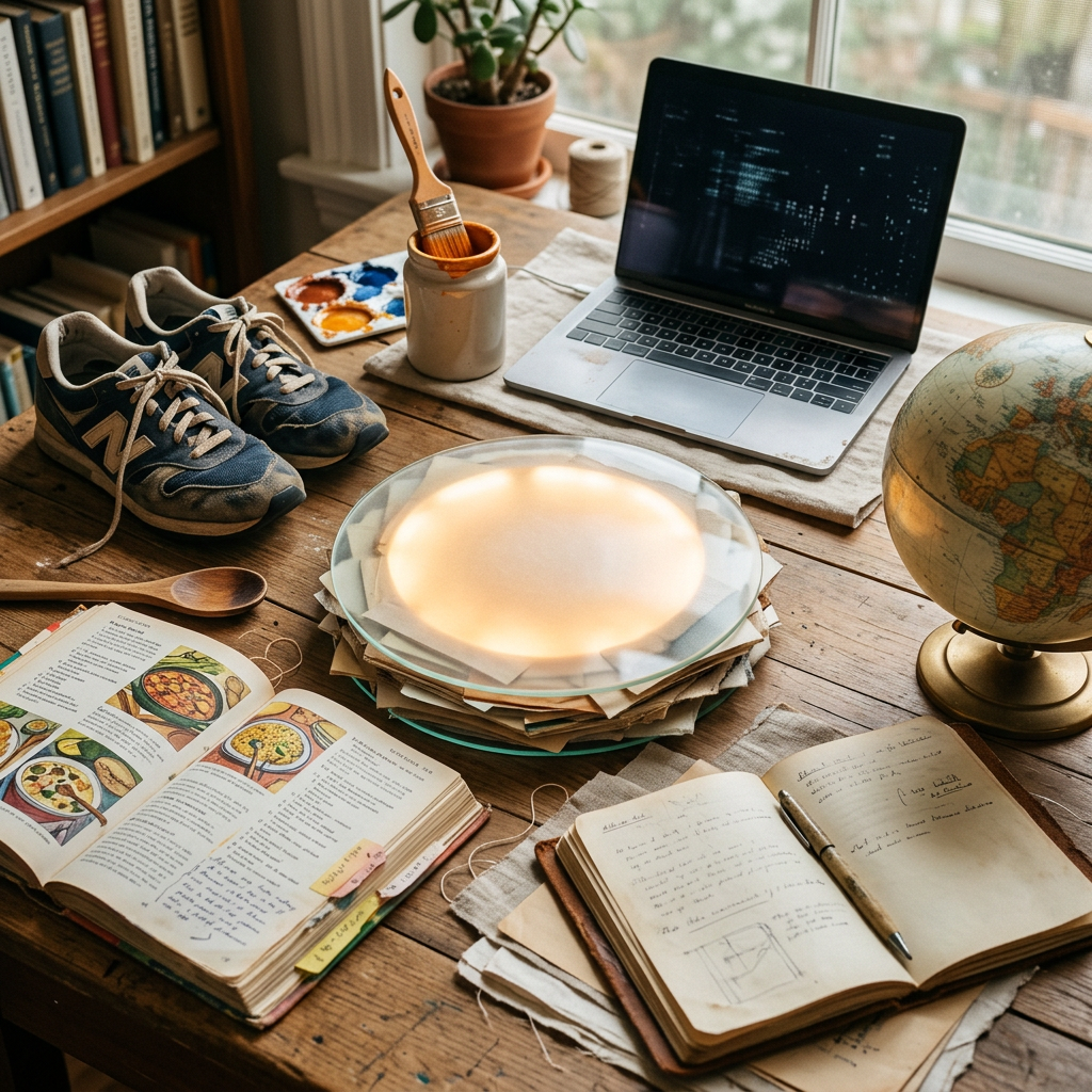 Creative workspace with laptop, art supplies, books, sneakers, globe, and notebooks