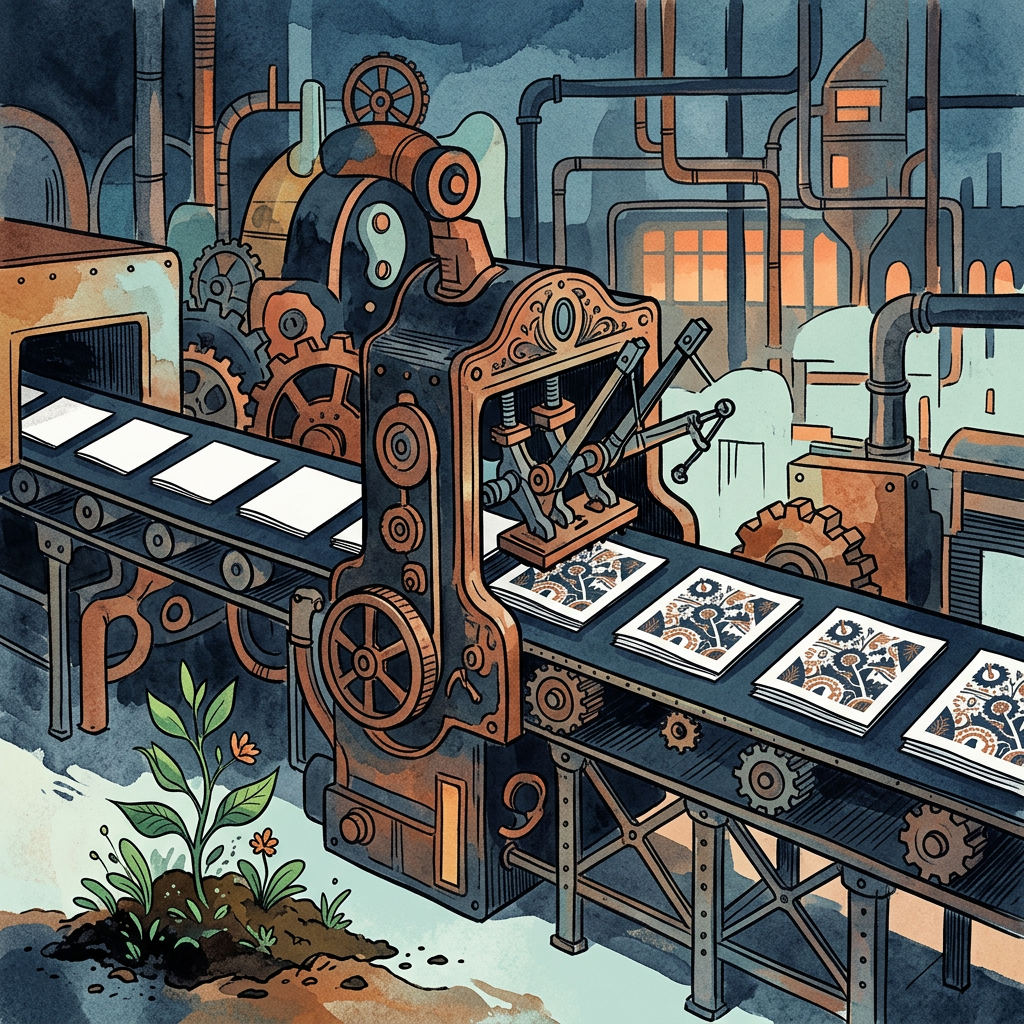 Vintage printing press producing patterned sheets on a factory conveyor belt